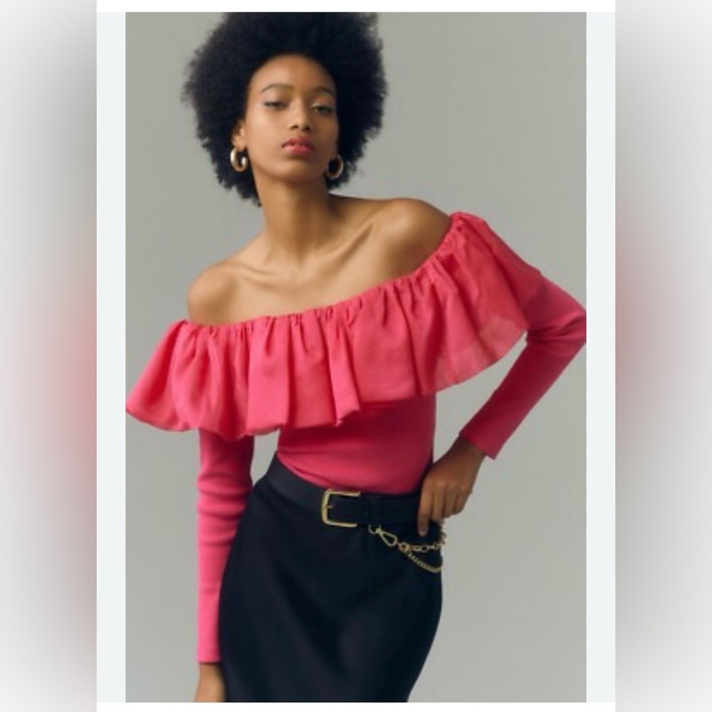 Anthropologie Off-The-Shoulder Organza Ruffle Top Pink Long Sleeve Blouse